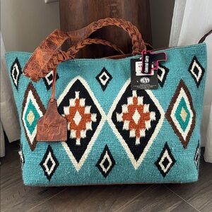 Angel Ranch Conceal Carry Genuine leather back/straps,Aztec wool textile,zip top